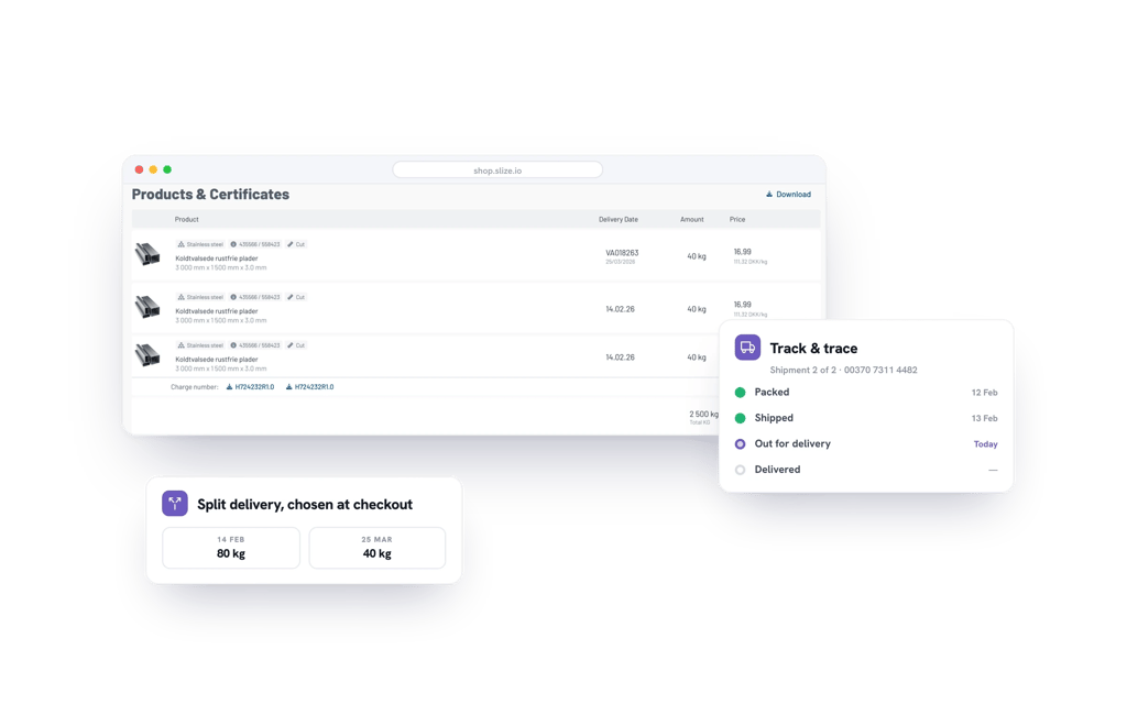 Order lines with delivery dates and a track-and-trace timeline