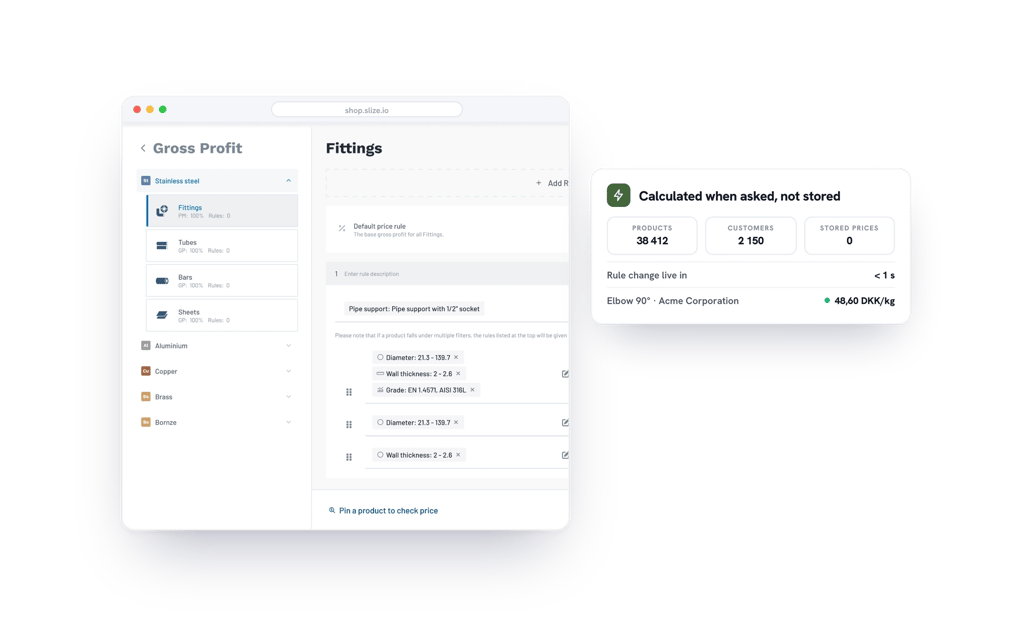 The pricing category tree with prices calculated live instead of stored