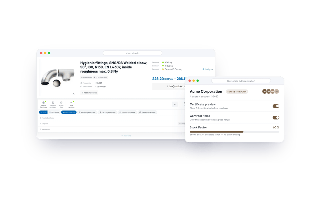 Account settings for certificate preview, contract items and Stock Factor beside a product page