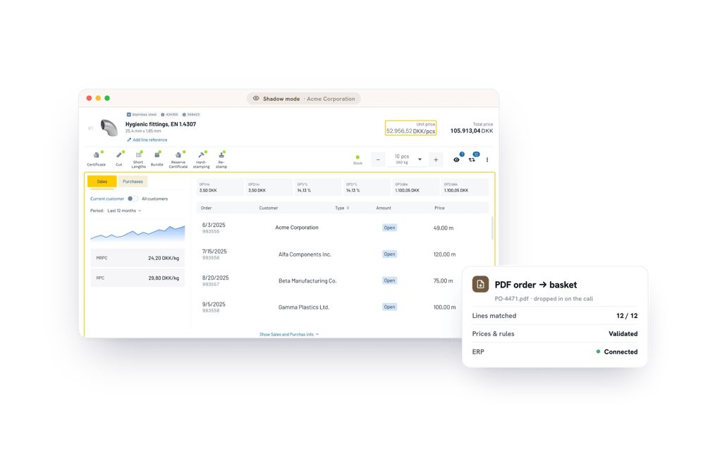 A sales rep's basket with margin data, inside the customer's account in shadow mode