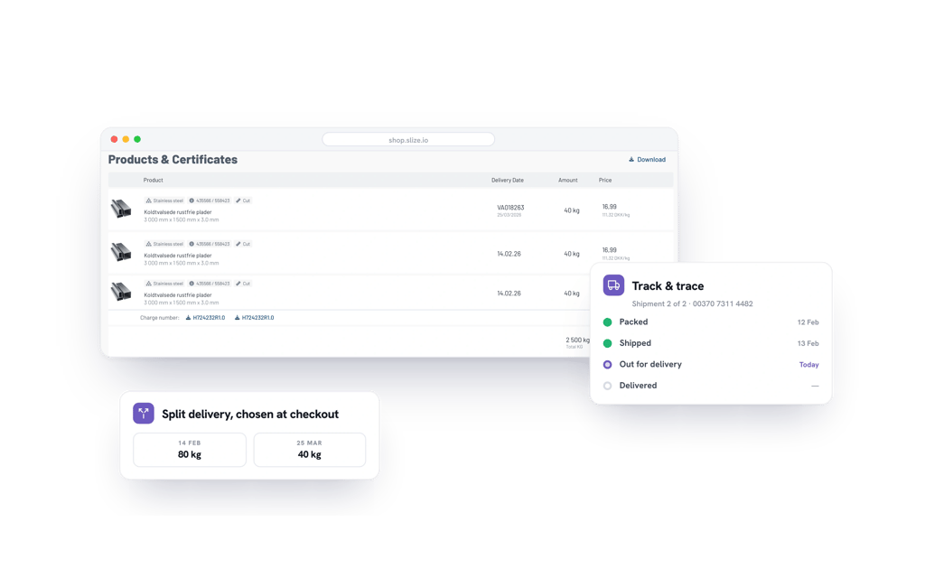Order lines with delivery dates and a track-and-trace timeline