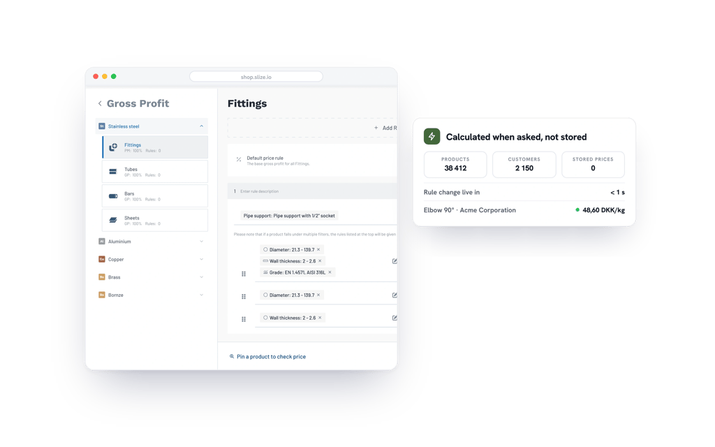 The pricing category tree with prices calculated live instead of stored