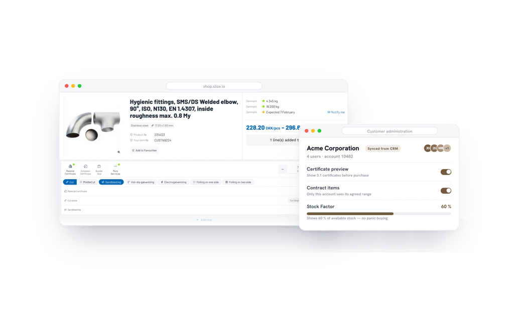 Account settings for certificate preview, contract items and Stock Factor beside a product page